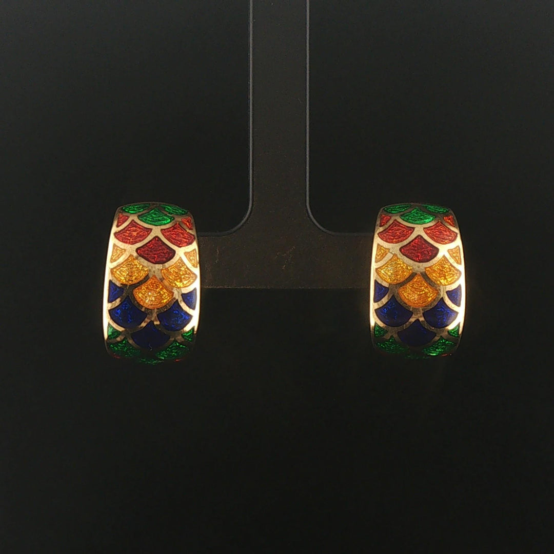 18k Yellow Gold and Multi Color Enamel Vintage Huggie Ear Clips Italy