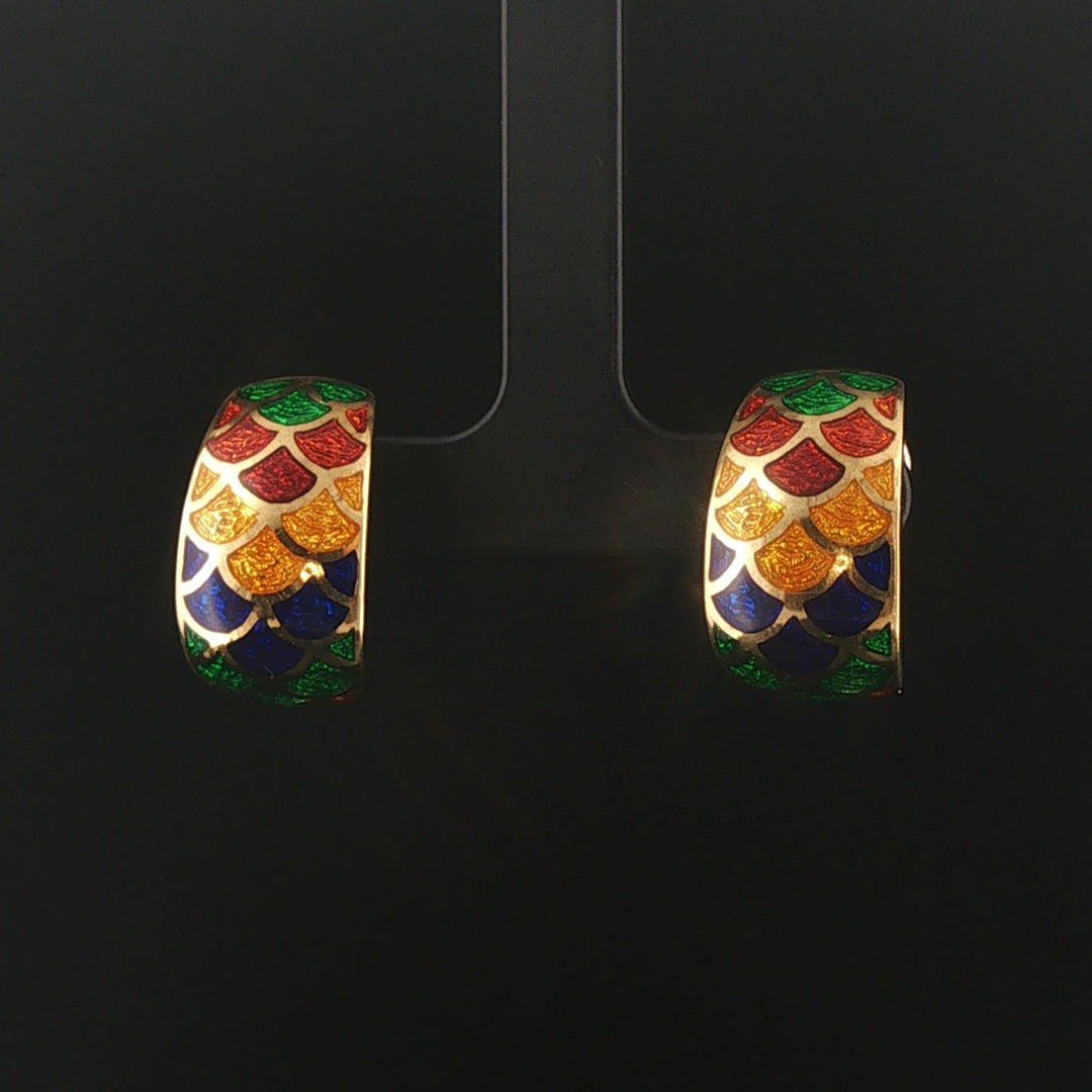 18k Yellow Gold and Multi Color Enamel Vintage Huggie Ear Clips Italy