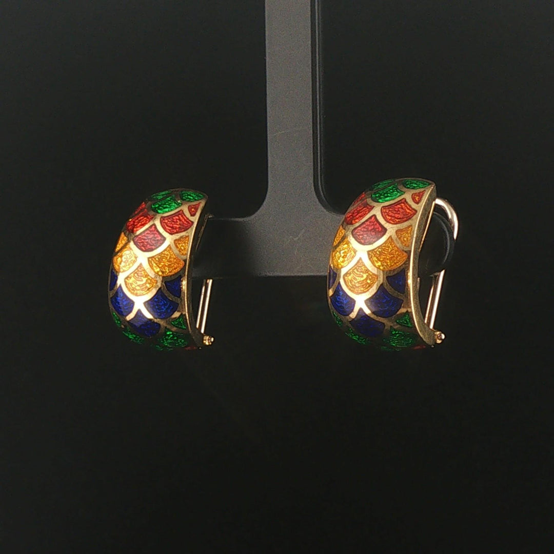 18k Yellow Gold and Multi Color Enamel Vintage Huggie Ear Clips Italy