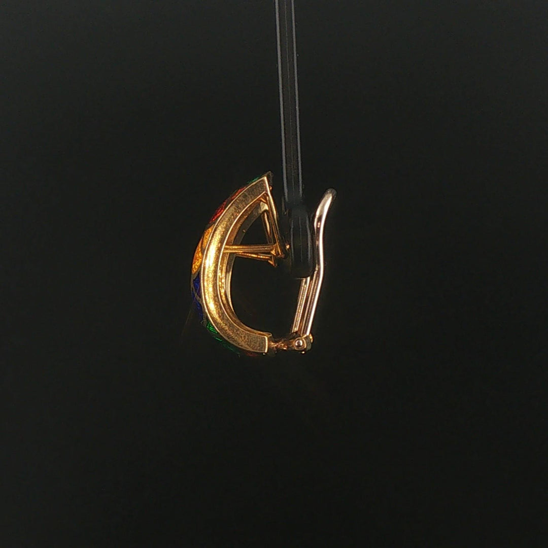 18k Yellow Gold and Multi Color Enamel Vintage Huggie Ear Clips Italy