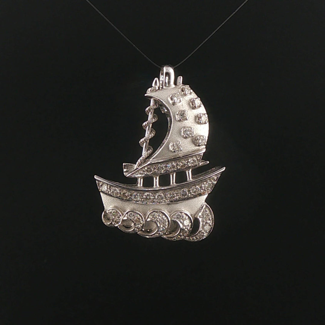 18k White Gold and 0.50cttw Diamond Vintage Solid Ship Pendant 1.3"