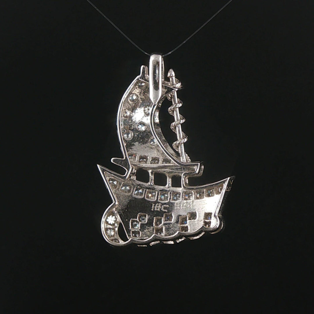 18k White Gold and 0.50cttw Diamond Vintage Solid Ship Pendant 1.3"