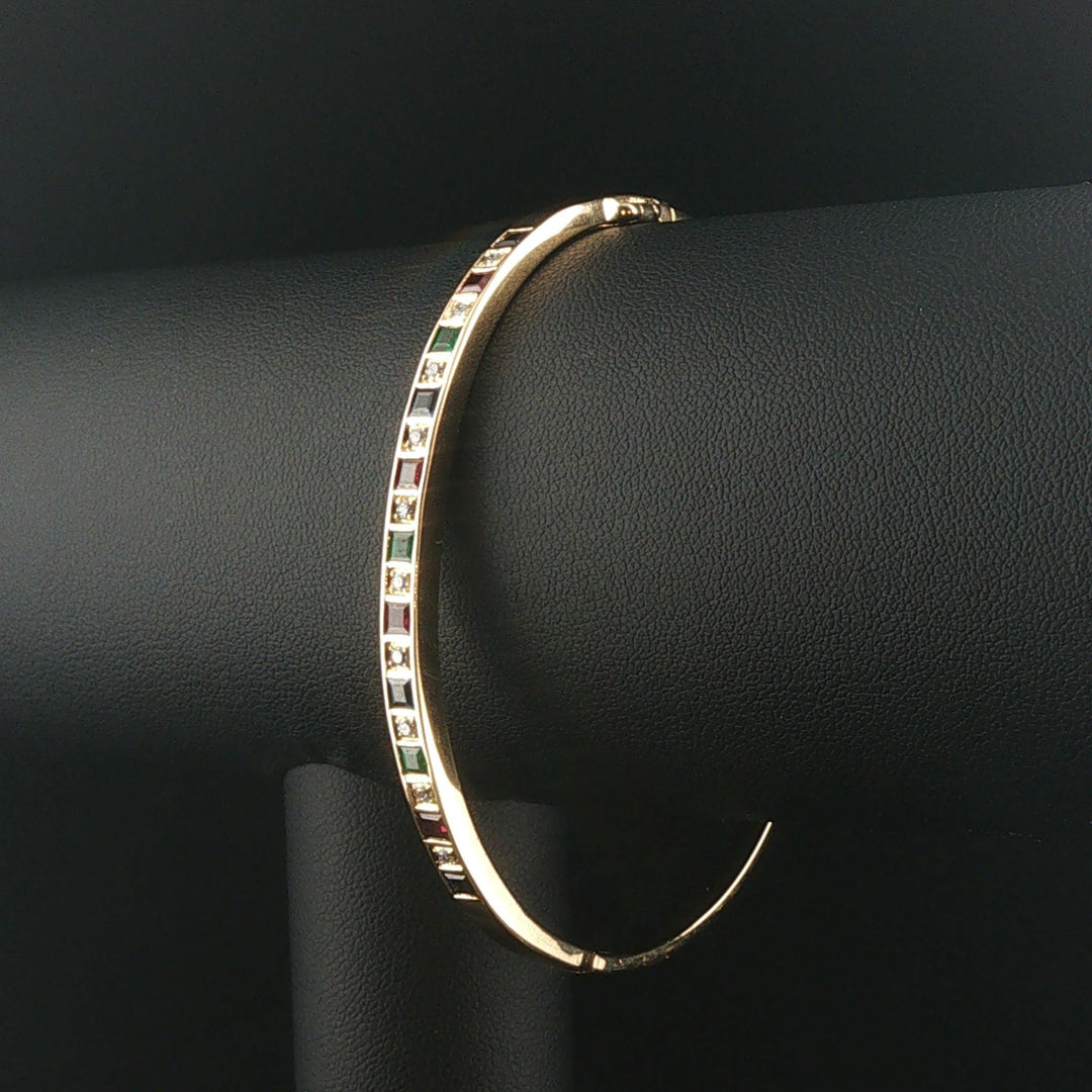 18k Yellow Gold 21.3g Multi Gemstone and Diamond Vintage Bangle Bracelet 7.5"