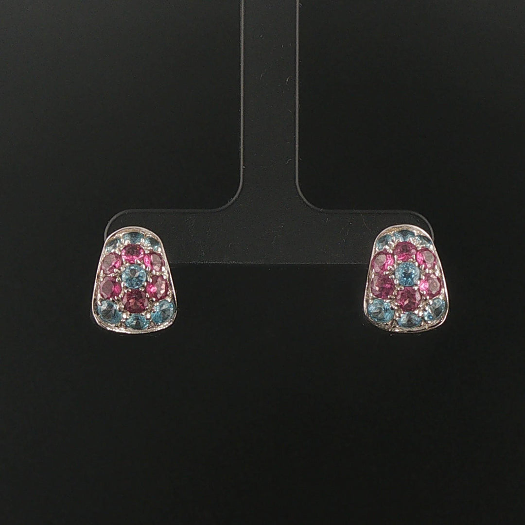 18k White Gold Blue Topaz and Pink Tourmaline Solid Huggie Earrings Italy