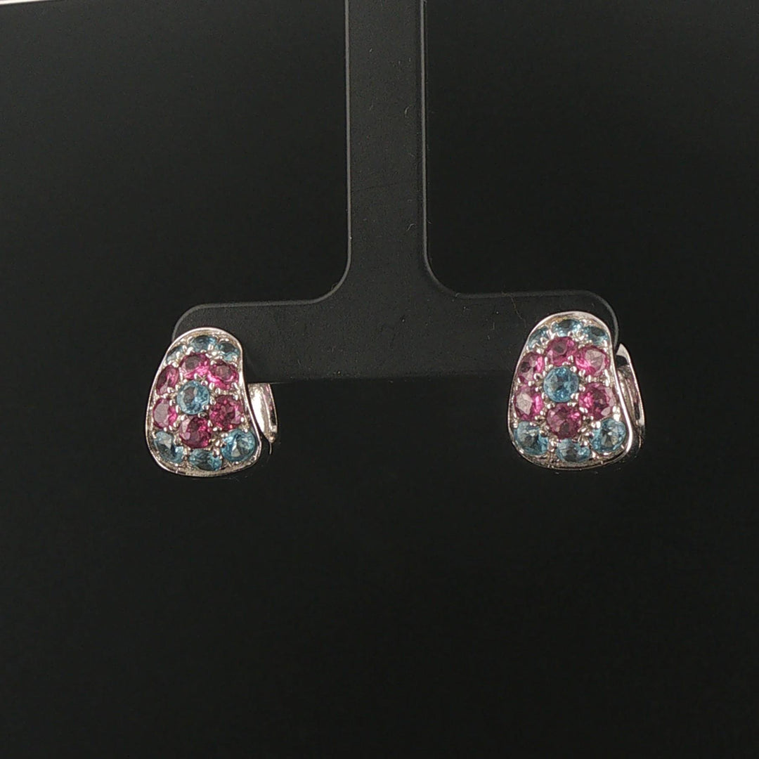 18k White Gold Blue Topaz and Pink Tourmaline Solid Huggie Earrings Italy