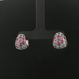 18k White Gold Blue Topaz and Pink Tourmaline Solid Huggie Earrings Italy