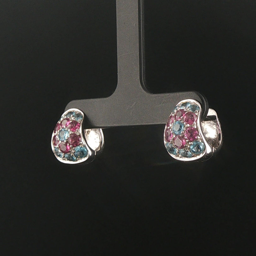18k White Gold Blue Topaz and Pink Tourmaline Solid Huggie Earrings Italy
