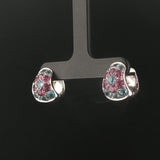 18k White Gold Blue Topaz and Pink Tourmaline Solid Huggie Earrings Italy