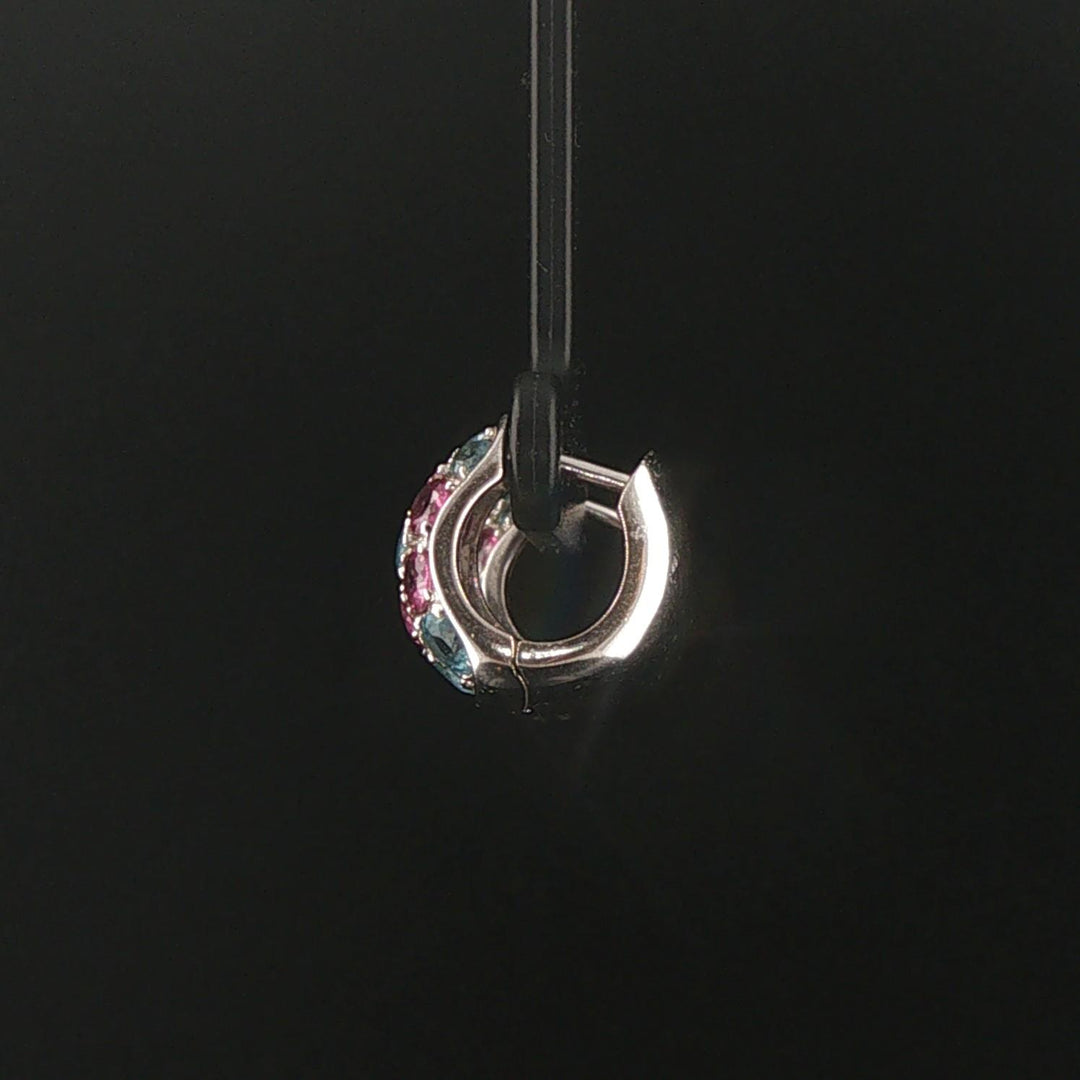 18k White Gold Blue Topaz and Pink Tourmaline Solid Huggie Earrings Italy