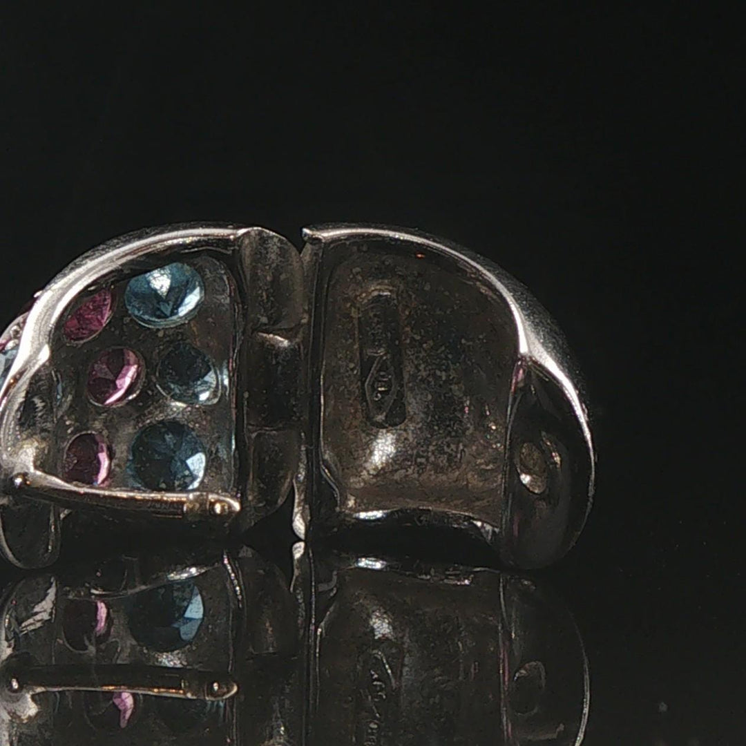 18k White Gold Blue Topaz and Pink Tourmaline Solid Huggie Earrings Italy