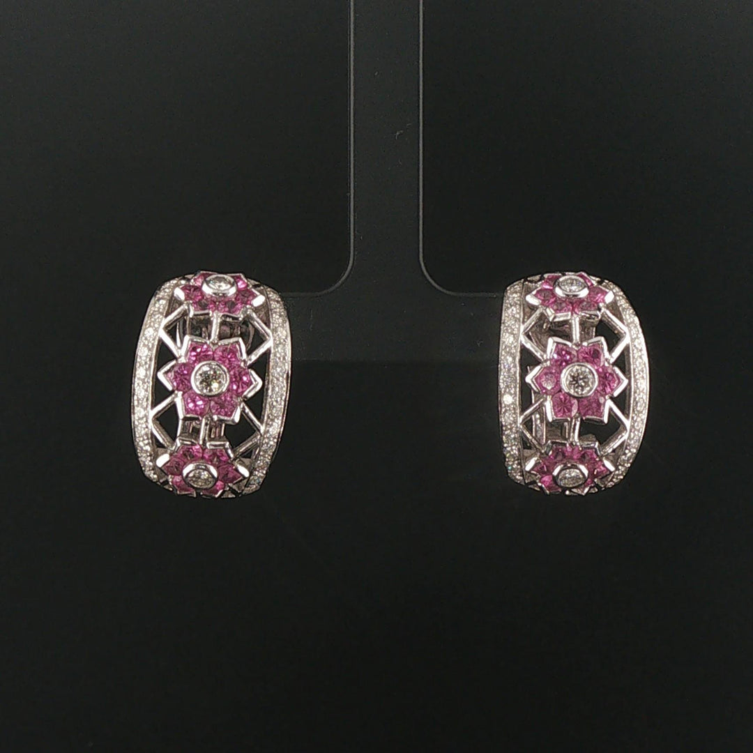 18k White Gold Pink Sapphire and 1.75cttw Diamond Heavy Hoop Earrings