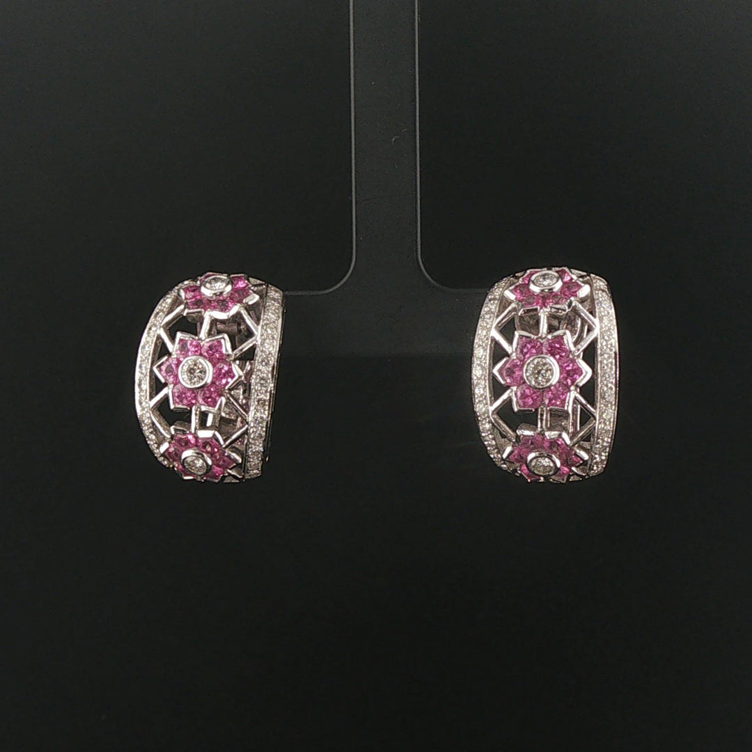 18k White Gold Pink Sapphire and 1.75cttw Diamond Heavy Hoop Earrings