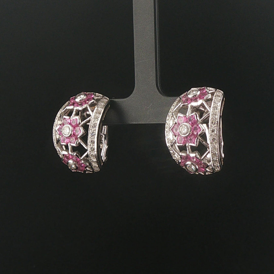18k White Gold Pink Sapphire and 1.75cttw Diamond Heavy Hoop Earrings