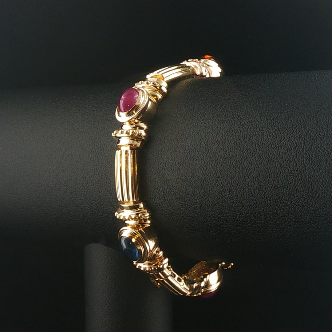 14k Yellow Gold and Bezel Set Multi Gemstone 34g Heavy Link Bracelet 7"