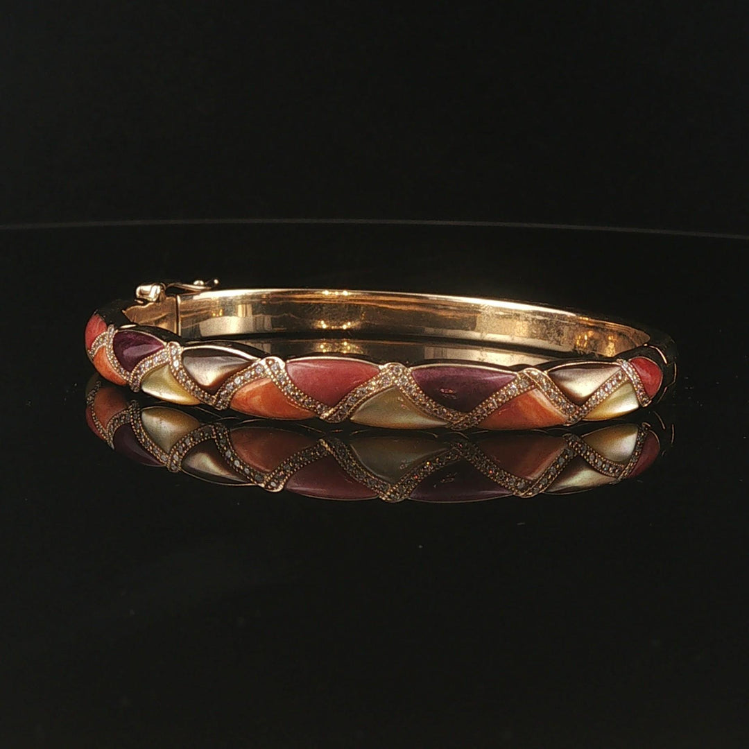 Kabana 14k Yellow Gold Mother of Pearl Shell Inlay and Diamond Bangle Bracelet