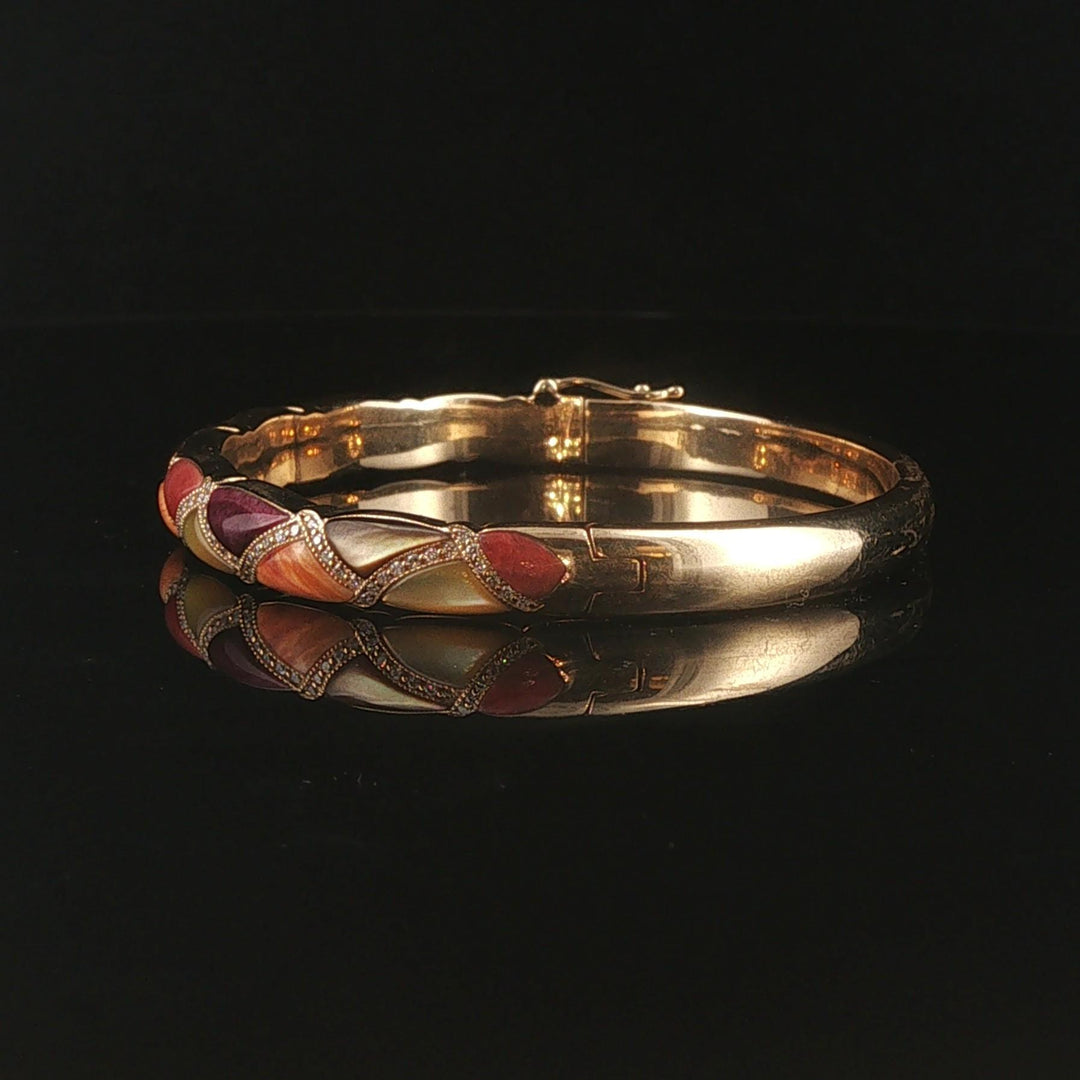 Kabana 14k Yellow Gold Mother of Pearl Shell Inlay and Diamond Bangle Bracelet