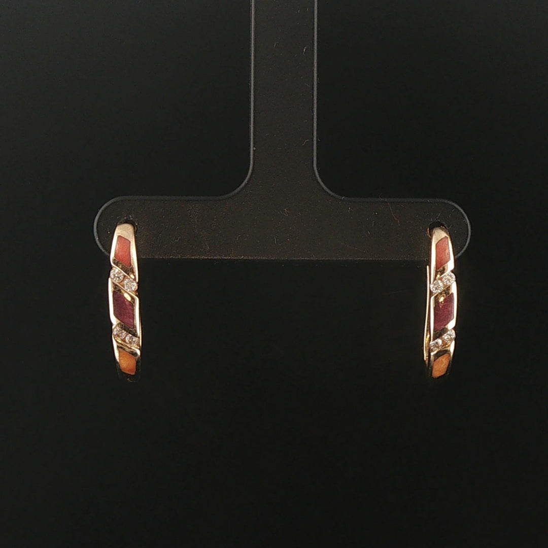 Kabana 14k Yellow Gold Shell Inlay and Diamond Huggie Earrings