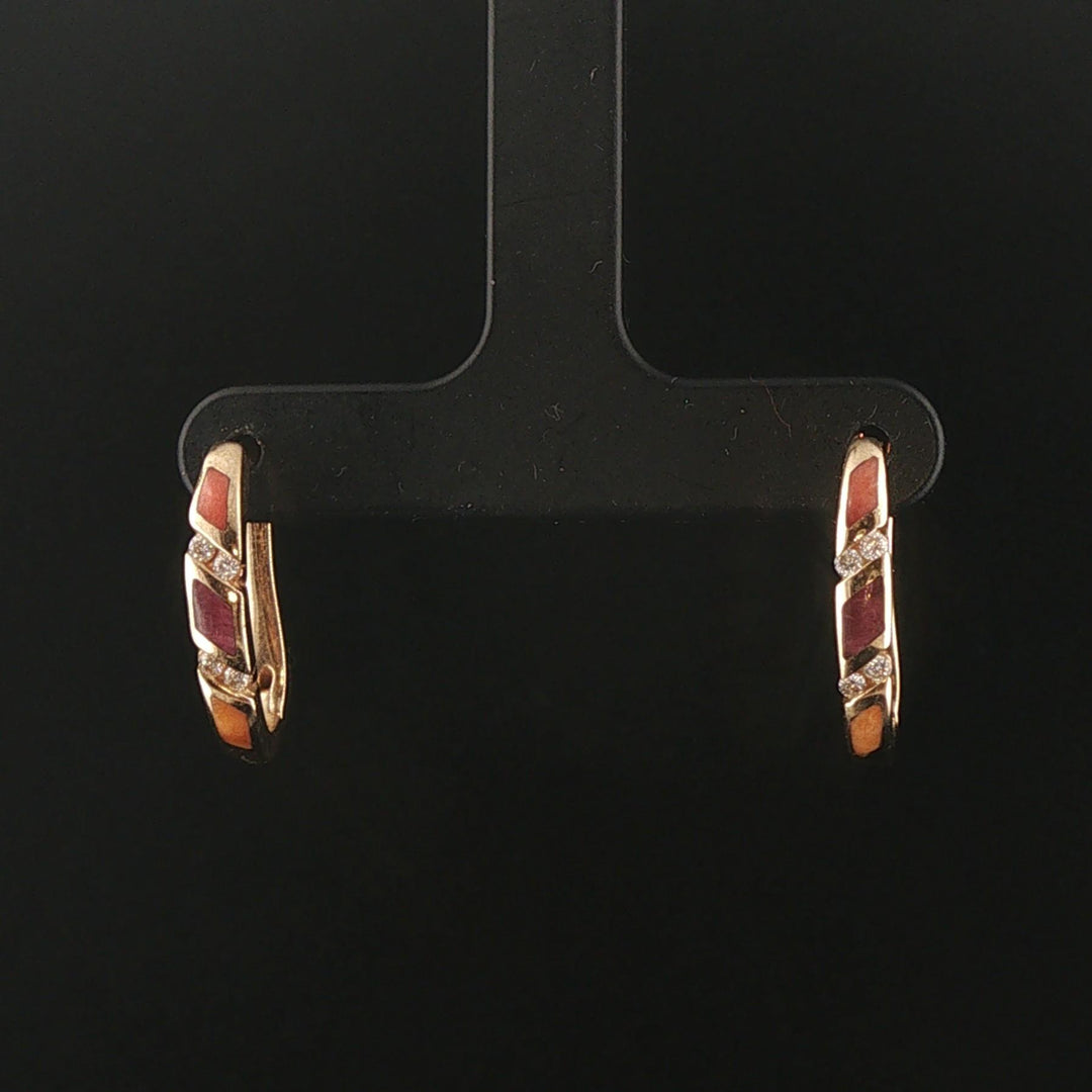 Kabana 14k Yellow Gold Shell Inlay and Diamond Huggie Earrings
