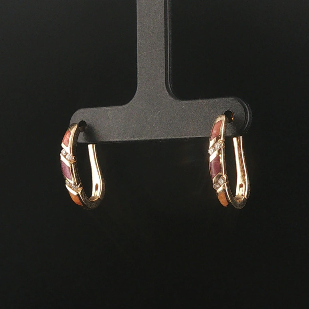 Kabana 14k Yellow Gold Shell Inlay and Diamond Huggie Earrings