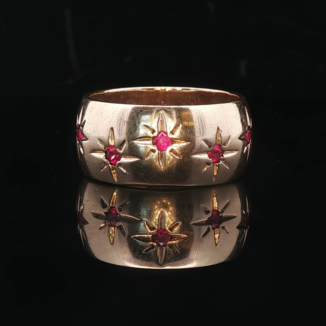 14k Yellow Gold and Gypsy Set Ruby Vintage Starburst Band Ring Size 7.25