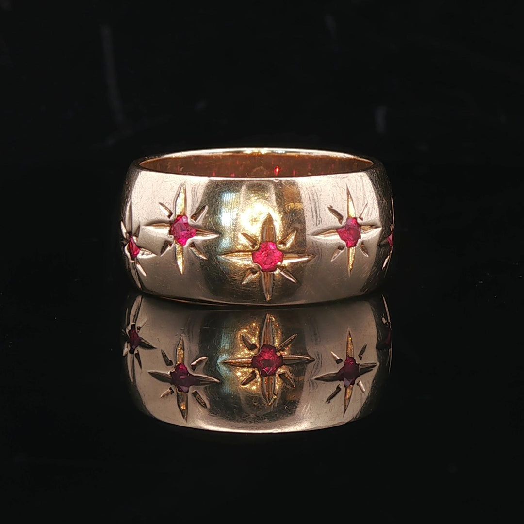 14k Yellow Gold and Gypsy Set Ruby Vintage Starburst Band Ring Size 7.25