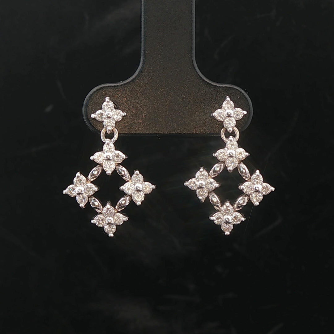 14k White Gold and Diamond Floral Drop Dangle Earrings