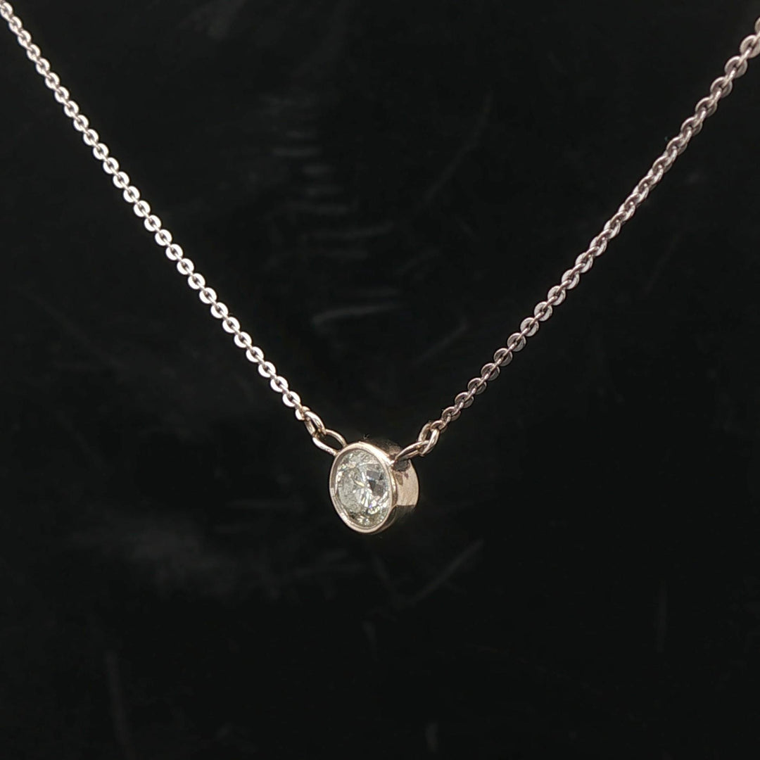 14k White Gold and 0.85ct Bezel Set Solitaire Diamond Pendant Necklace 16"