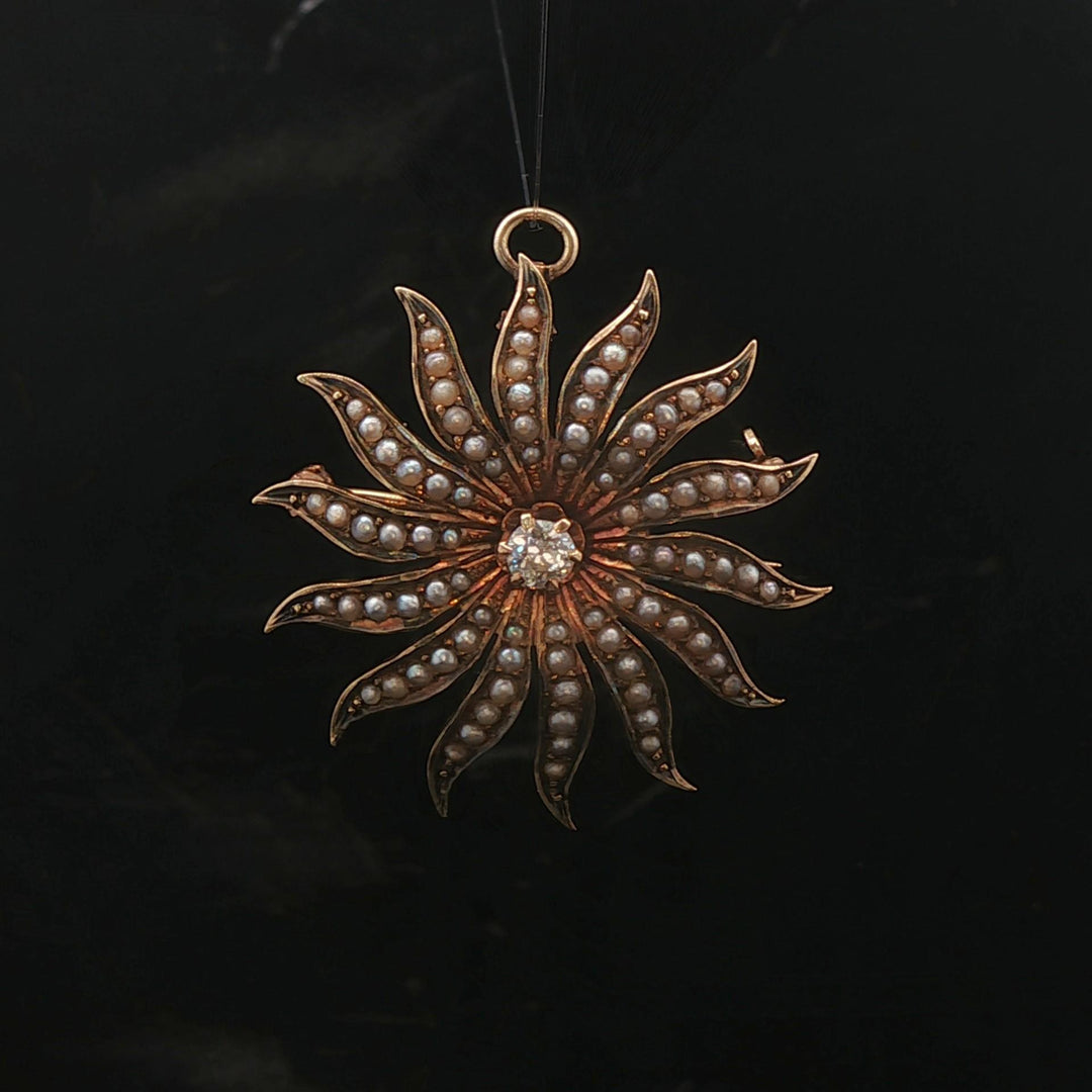 14k Yellow Gold Victorian Seed Pearl and 0.20ct Diamond Starburst Pin Pendant