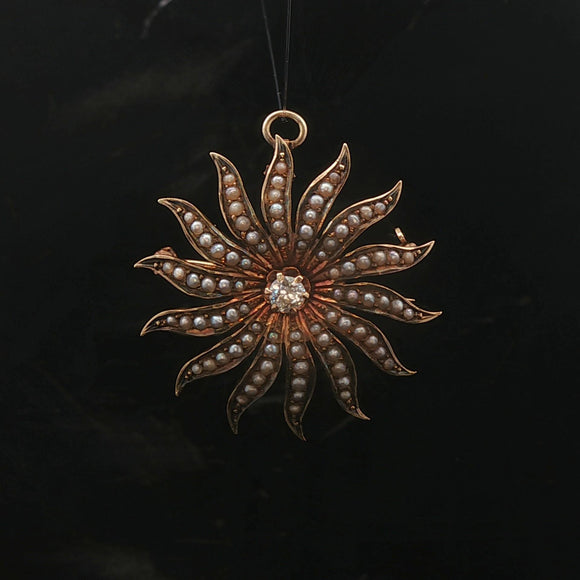 14k Yellow Gold Victorian Seed Pearl and 0.20ct Diamond Starburst Pin Pendant