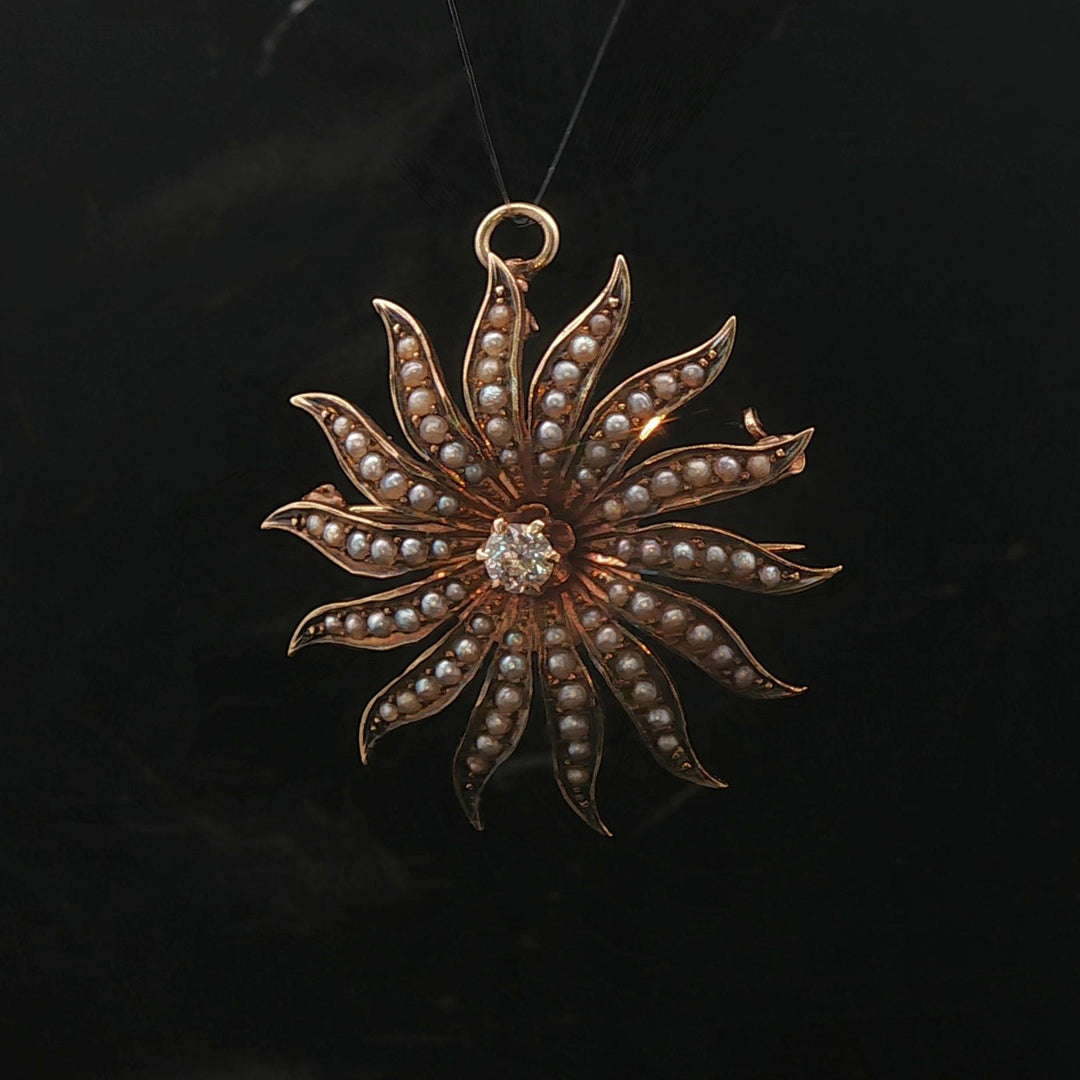 14k Yellow Gold Victorian Seed Pearl and 0.20ct Diamond Starburst Pin Pendant
