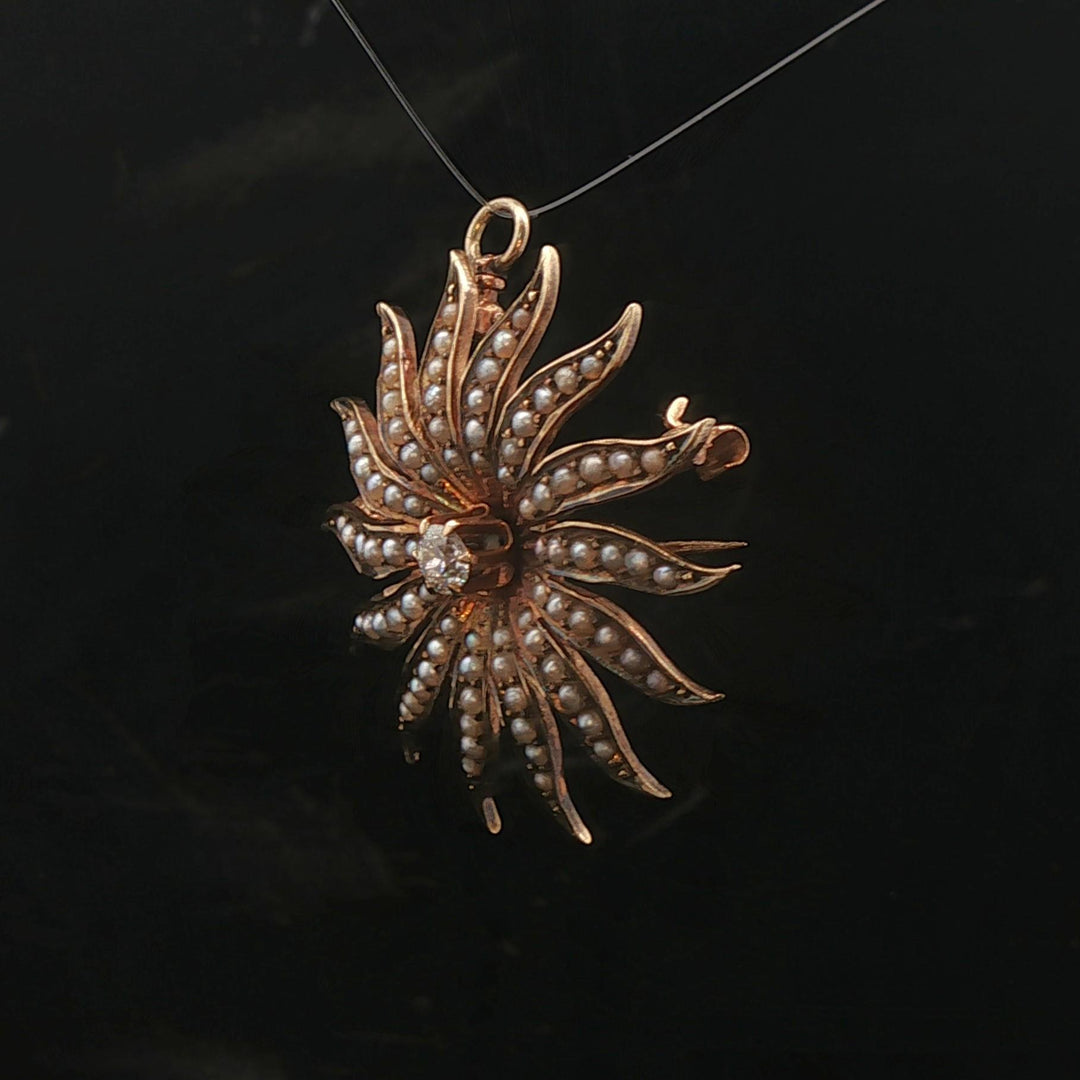 14k Yellow Gold Victorian Seed Pearl and 0.20ct Diamond Starburst Pin Pendant