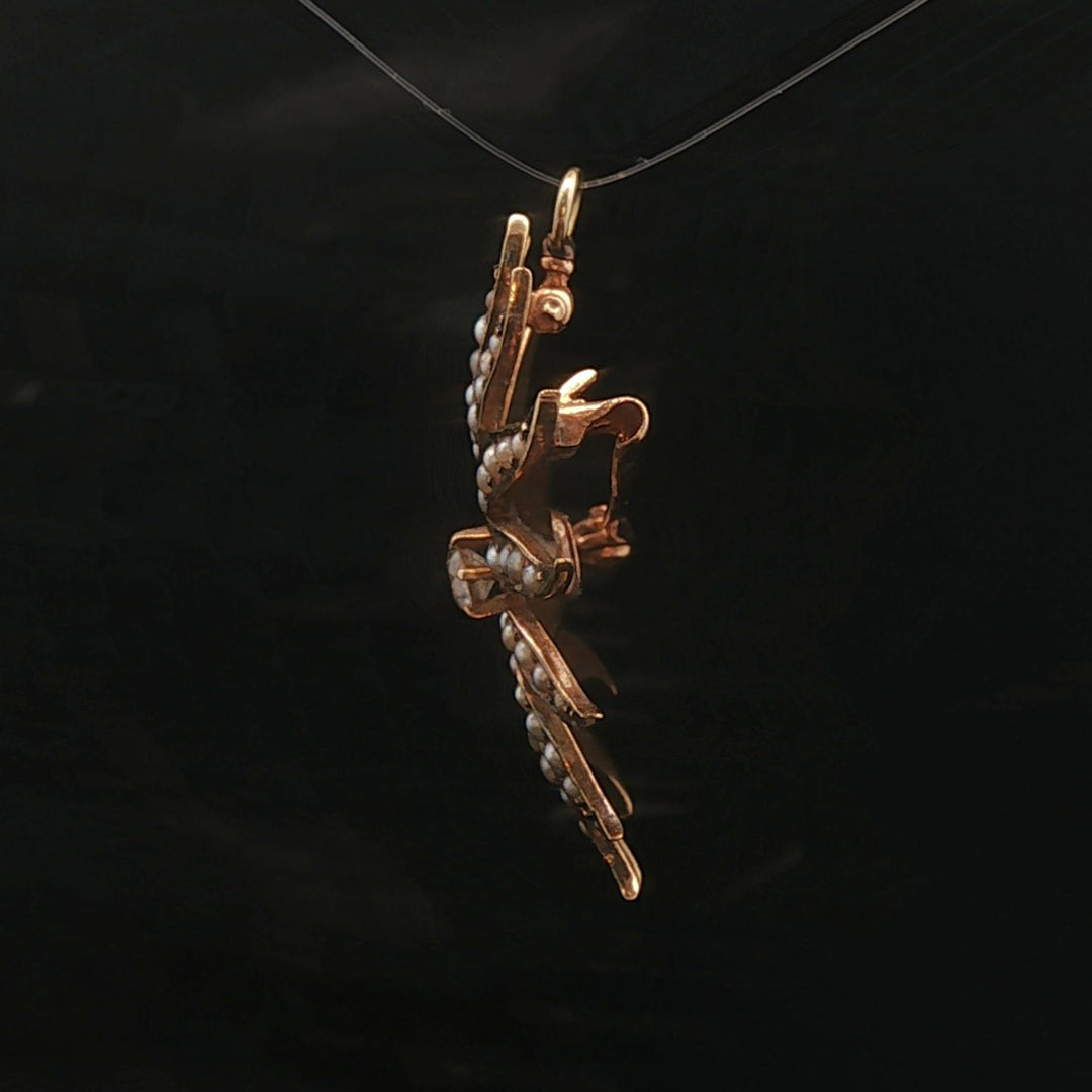 14k Yellow Gold Victorian Seed Pearl and 0.20ct Diamond Starburst Pin Pendant