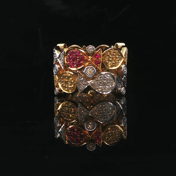 18k Yellow Gold Diamond Ruby Yellow and Blue Sapphire Fish Band Ring Size 7
