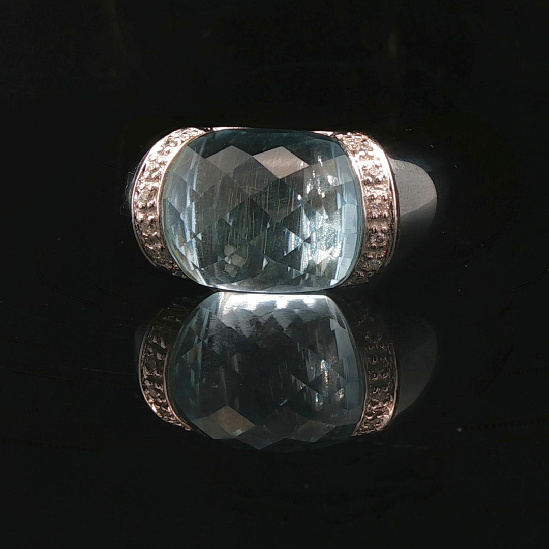 Hematite 14k White Gold Diamond and Aqua Ladies Ring Size 7