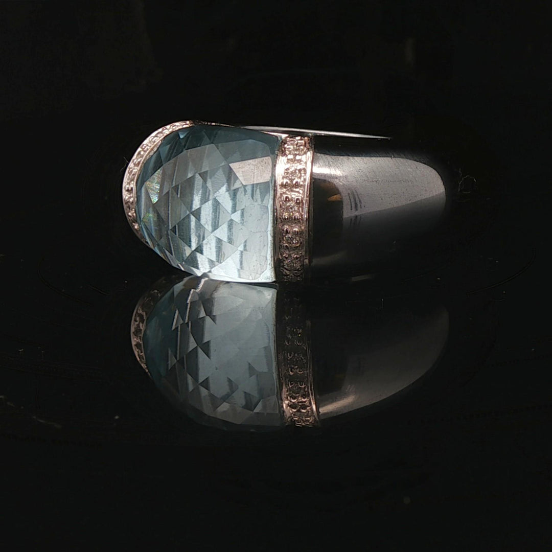 Hematite 14k White Gold Diamond and Aqua Ladies Ring Size 7