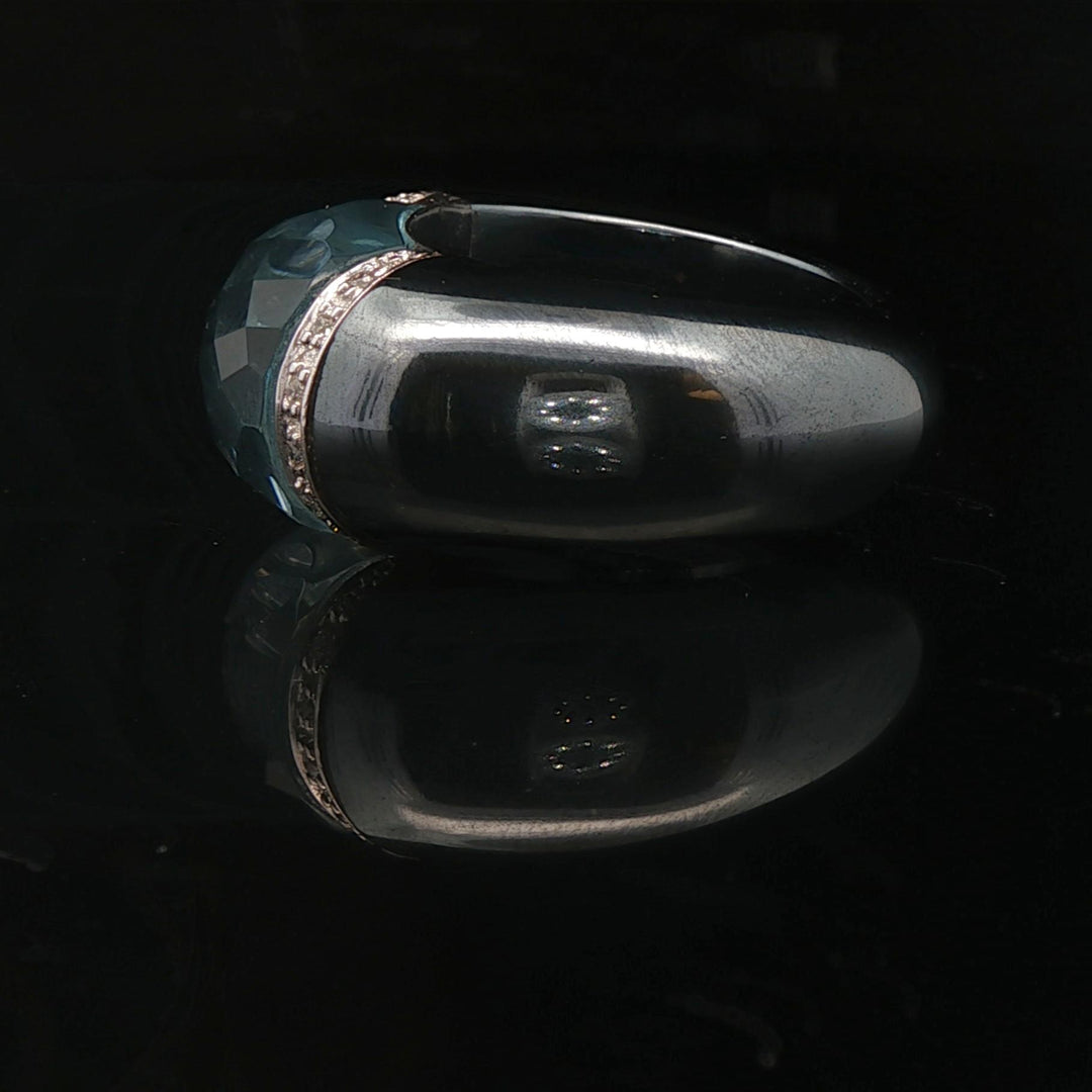 Hematite 14k White Gold Diamond and Aqua Ladies Ring Size 7