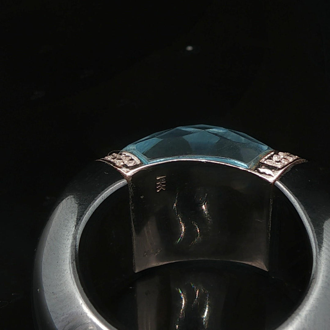 Hematite 14k White Gold Diamond and Aqua Ladies Ring Size 7