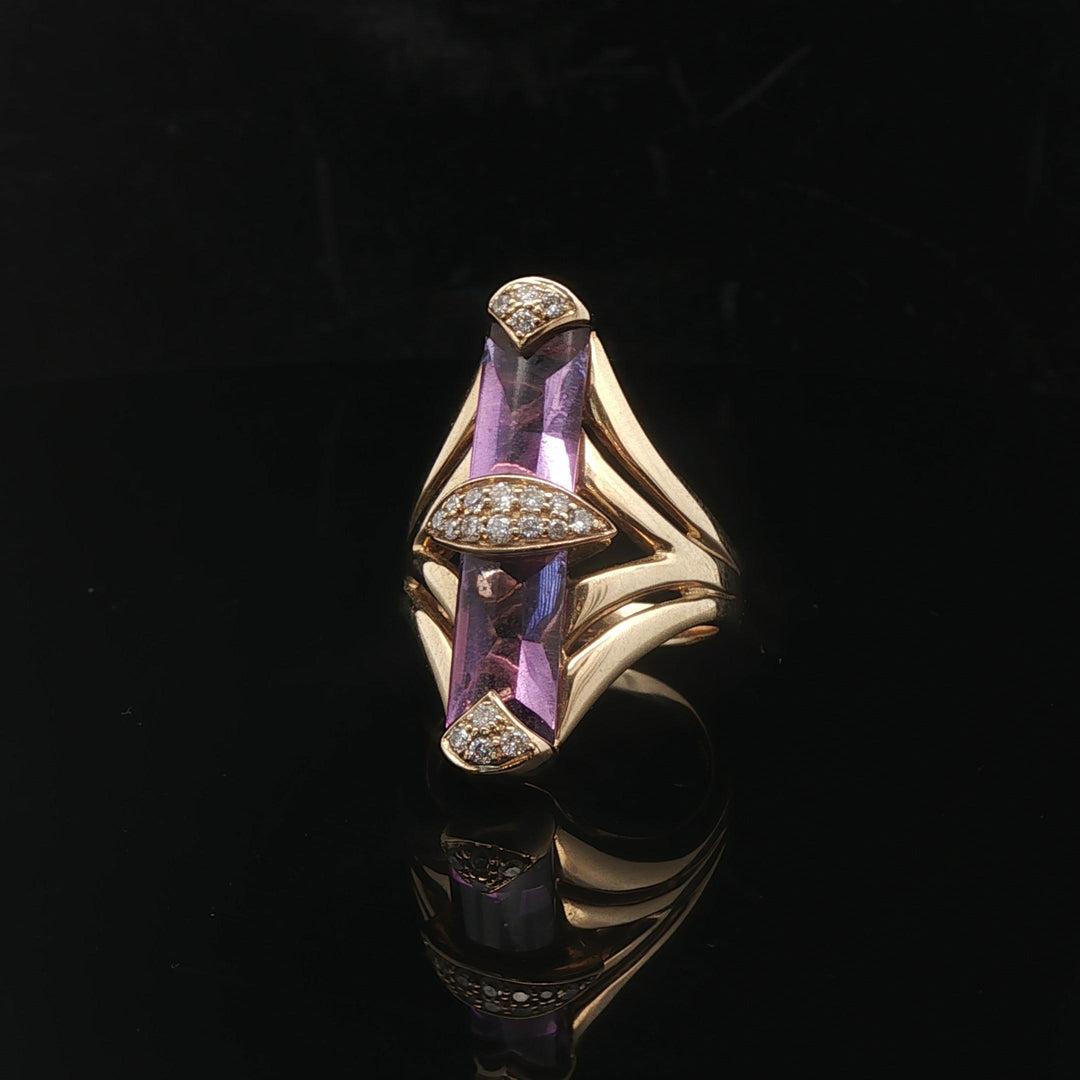 14k Yellow Gold Amethyst and Diamond Ladies Large Vintage Ring Size 6