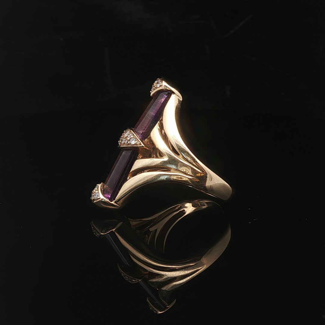 14k Yellow Gold Amethyst and Diamond Ladies Large Vintage Ring Size 6