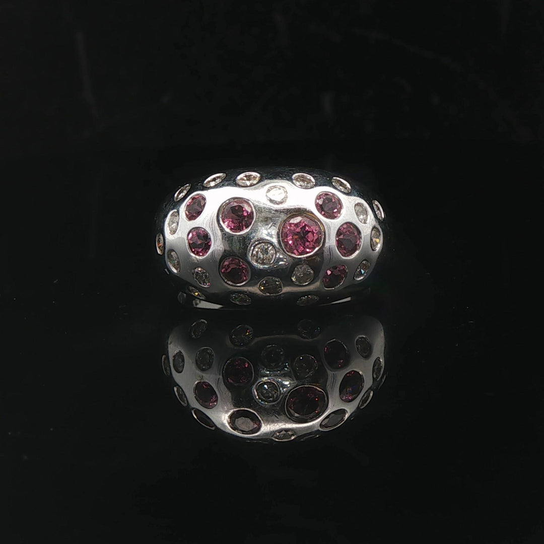 14k White Gold Flush Set Pink Sapphire and Diamond Dome Ring Size 7