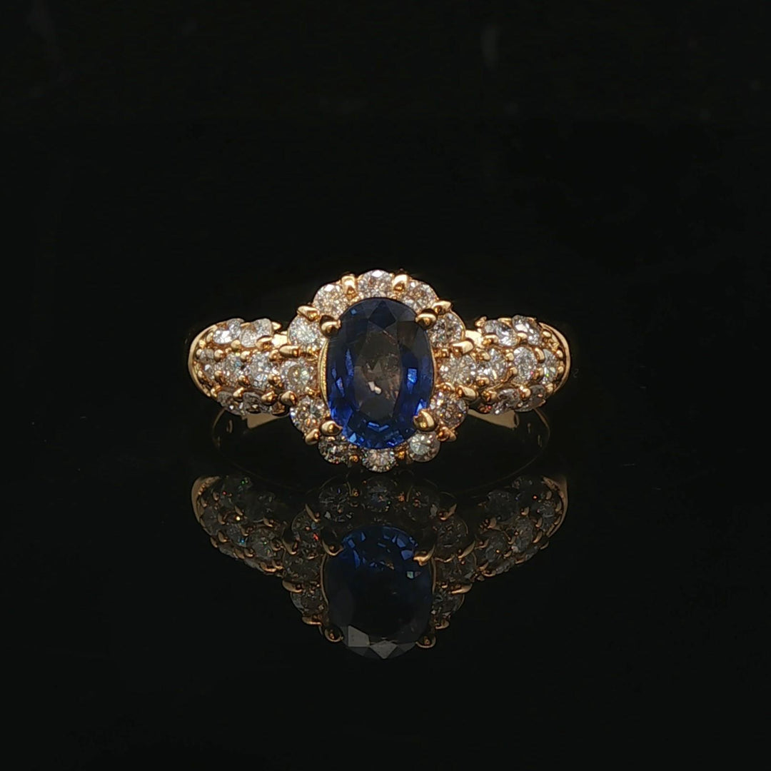 18k Yellow Gold 0.95ct Blue Sapphire and Diamond Halo Ring Size 5