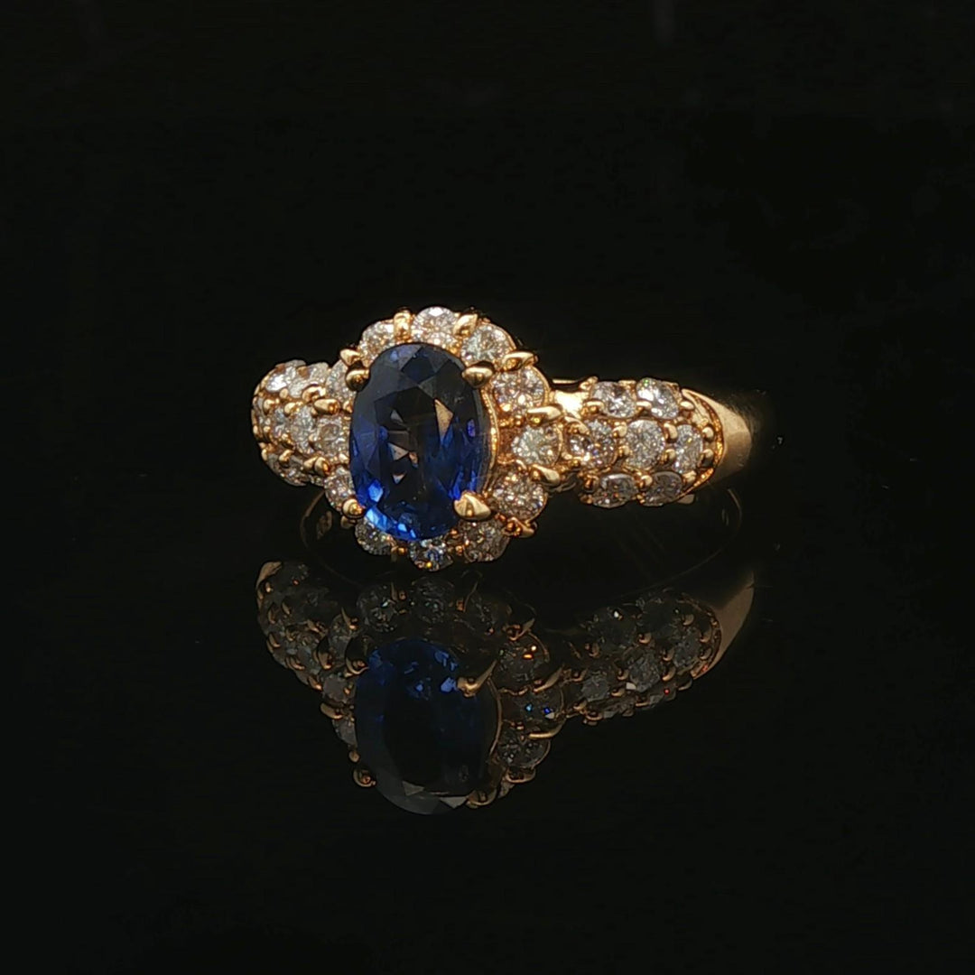 18k Yellow Gold 0.95ct Blue Sapphire and Diamond Halo Ring Size 5