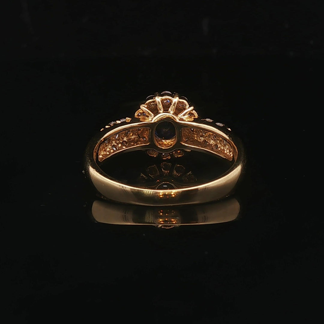 18k Yellow Gold 0.95ct Blue Sapphire and Diamond Halo Ring Size 5
