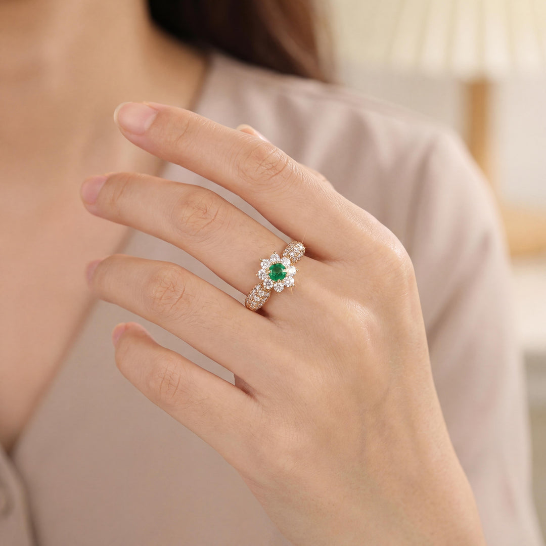 18k Yellow Gold Emerald and 0.70cttw Diamond Floral Halo Ring Size 5