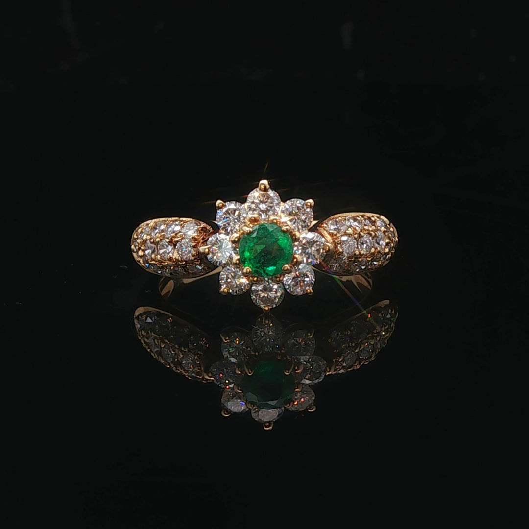 18k Yellow Gold Emerald and 0.70cttw Diamond Floral Halo Ring Size 5