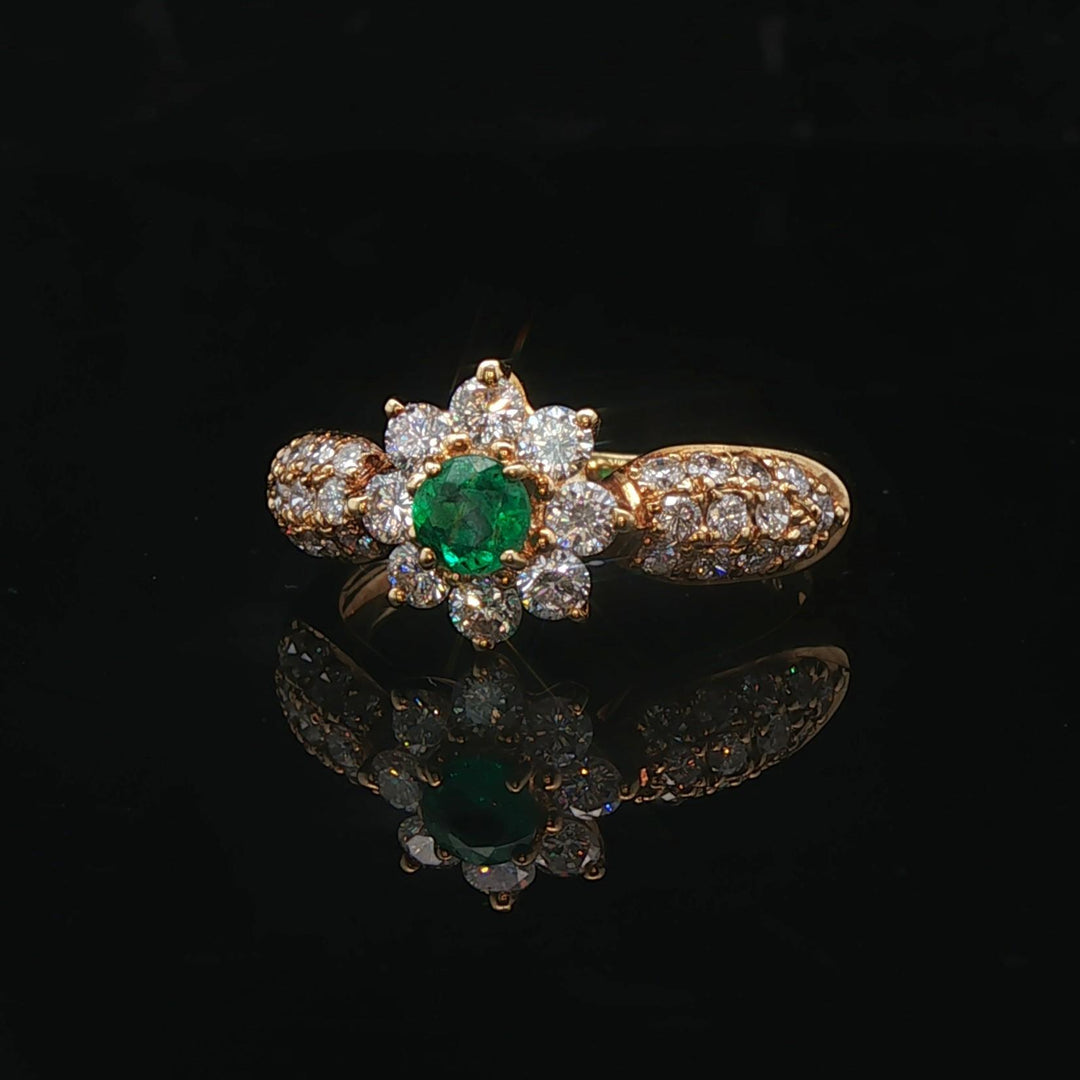 18k Yellow Gold Emerald and 0.70cttw Diamond Floral Halo Ring Size 5