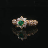 18k Yellow Gold Emerald and 0.70cttw Diamond Floral Halo Ring Size 5