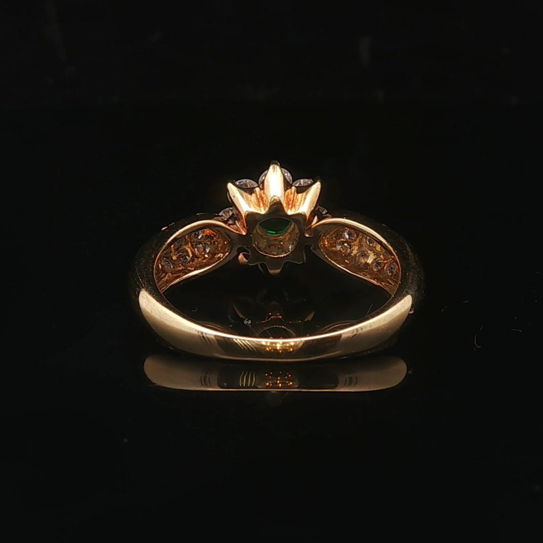 18k Yellow Gold Emerald and 0.70cttw Diamond Floral Halo Ring Size 5