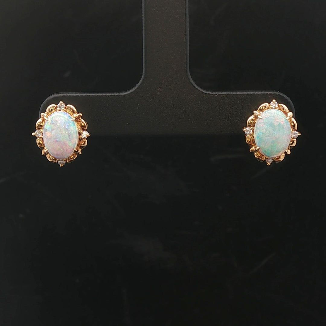 18k Yellow Gold Opal and Diamond Stud Earrings