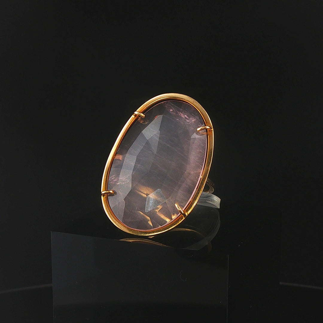 Tous 18k Yellow Gold and Pink Quartz Prong Set Ring Size 8